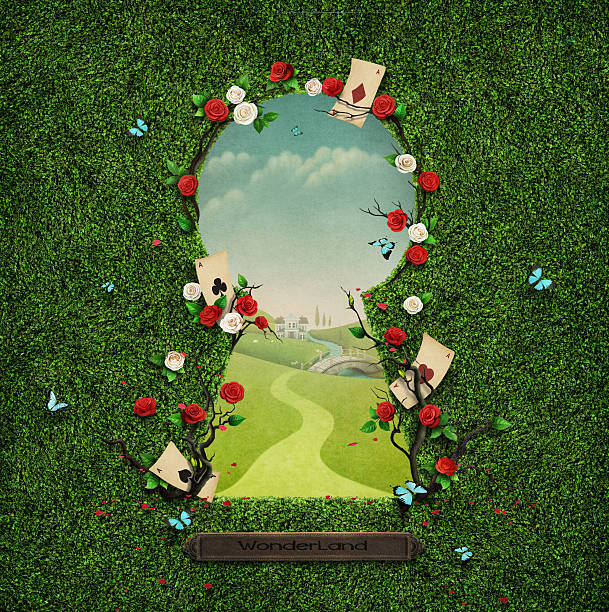 greenery, playing cards and roses form a keyhole shaped frame around a landscape that shows a road leading to a bridge and hills streching to the horizon. Below the frame a nameplate contains the name Wonderland